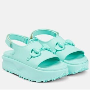 Gucci Rubber Horsebit Platform Sandals In Aqua Size 39